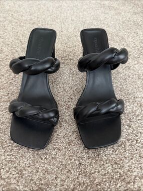 Open edit Black Braided Strap Slide Heels - Women